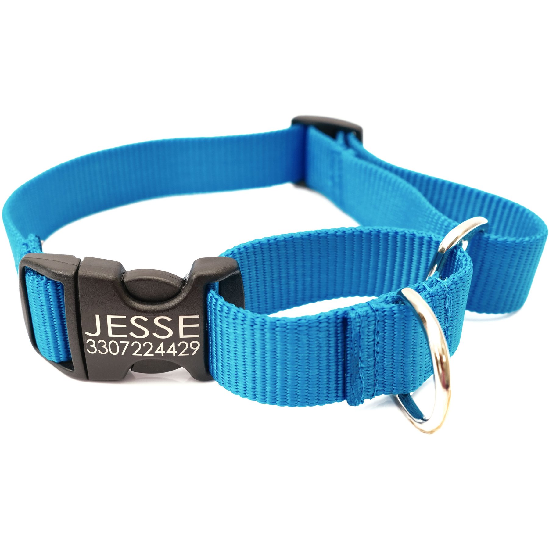 Mimi Green Personalized Nylon Martingale with Black Plastic Buckle Dog Collar, Peacock Blue, X-Large