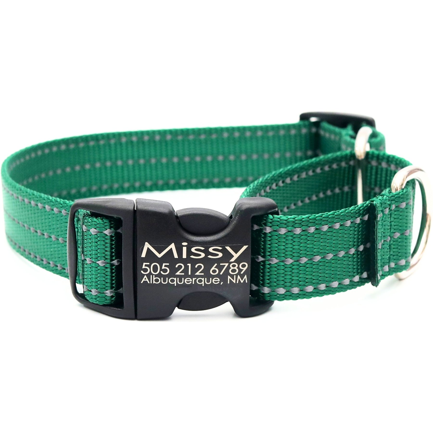 Mimi Green Personalized Nylon Reflective Martingale Dog Collar, Forest Green, Medium/Large: 15 to 18-in neck, 1-in wide