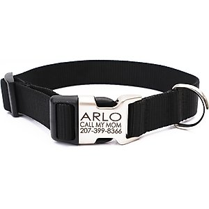 Mimi Green Personalized Nylon with Metal Hybrid Buckle Dog Collar, Black, Medium 1"