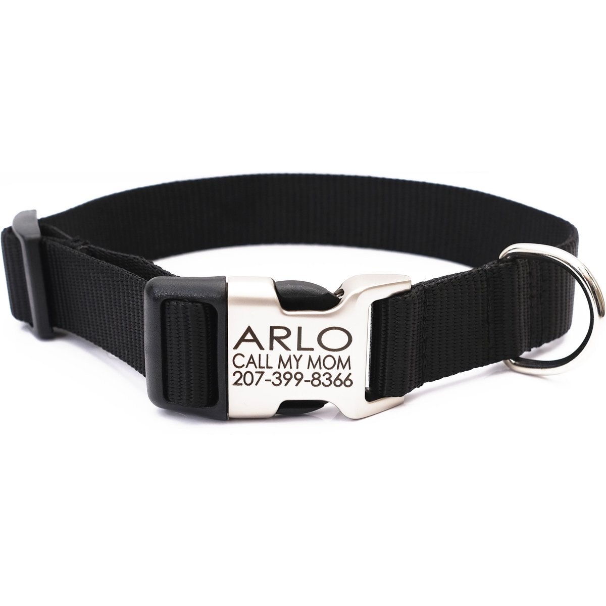 Mimi Green Personalized Nylon with Metal Hybrid Buckle Dog Collar, Black, Medium 5/8"