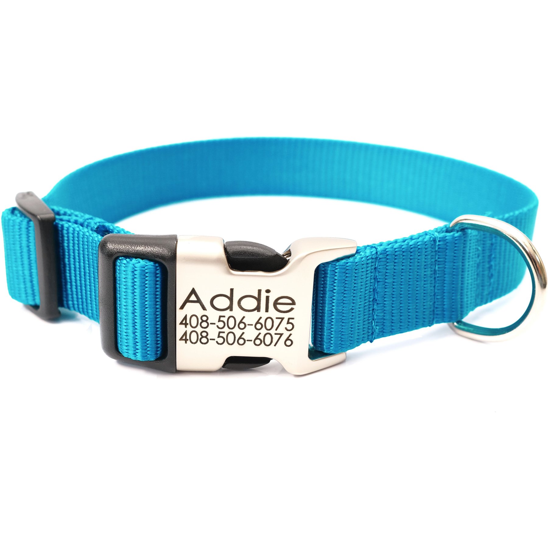 Mimi Green Personalized Nylon with Metal Hybrid Buckle Dog Collar, Peacock Blue, Large