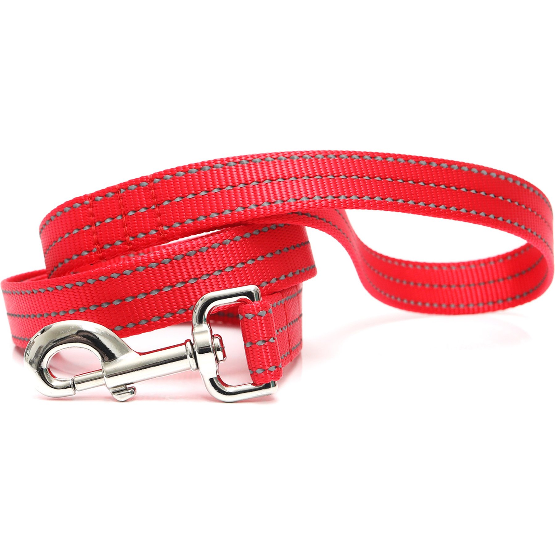 Mimi Green Shiny Silver Clip Reflective Standard Nylon Dog Leash, Red, 6-ft long, 3/4-in wide
