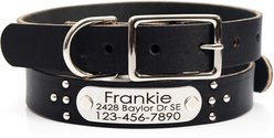 Mimi Green Studded Leather Dog Collar with Personalized Riveted Nameplate, Black, Large