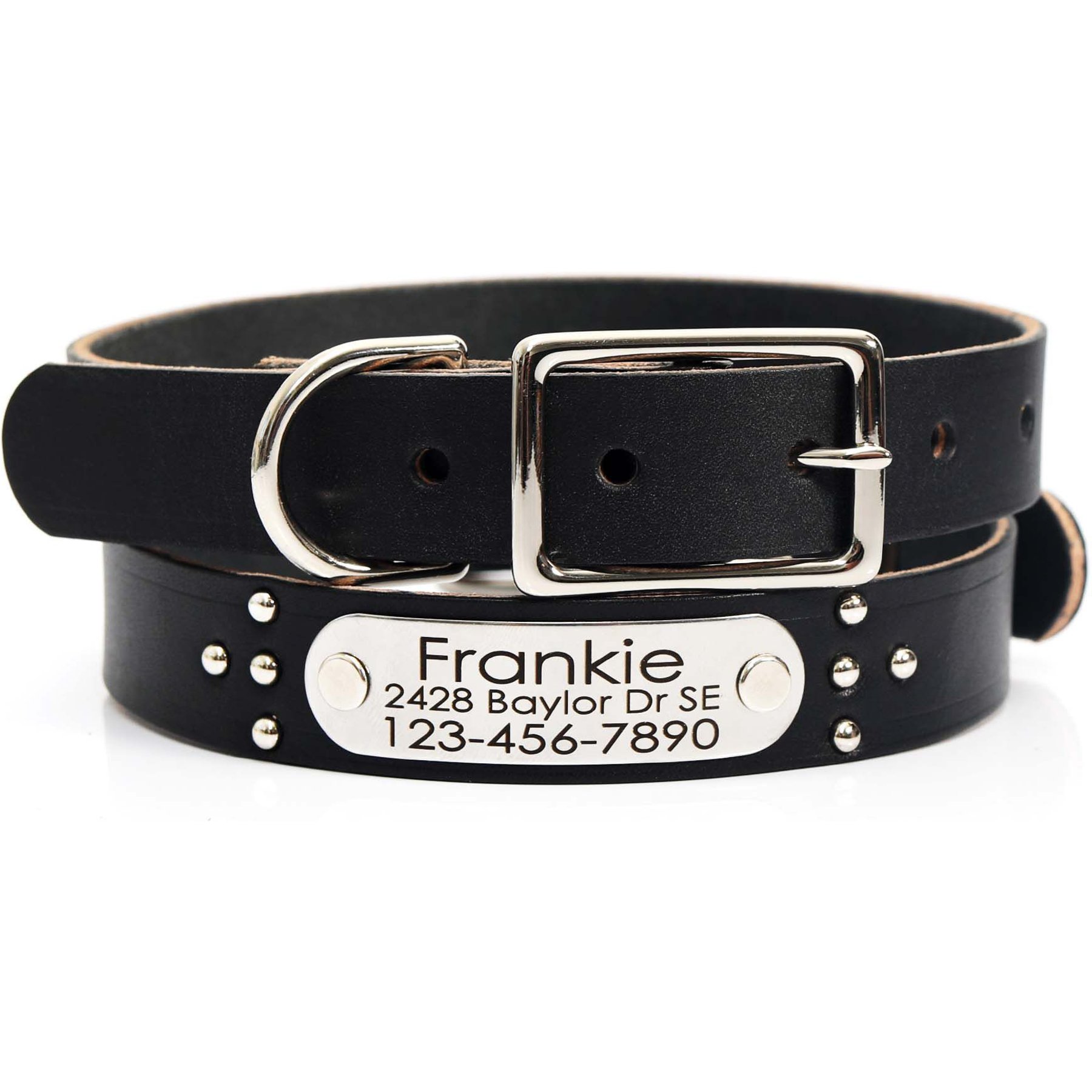 Mimi Green Studded Leather Dog Collar with Personalized Riveted Nameplate, Black, X-Large