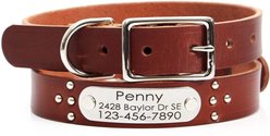 Mimi Green Studded Leather Dog Collar with Personalized Riveted Nameplate, Brown, Medium