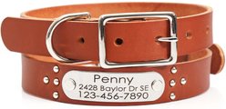 Mimi Green Studded Leather Dog Collar with Personalized Riveted Nameplate, Chestnut, X-Small