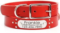 Mimi Green Studded Leather Dog Collar with Personalized Riveted Nameplate, Red, Small