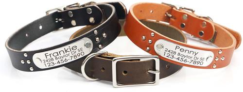 Show full view: Mimi Green Studded Leather Dog Collar with Personalized Riveted Nameplate, Tan, X-Small slide 3 of 6