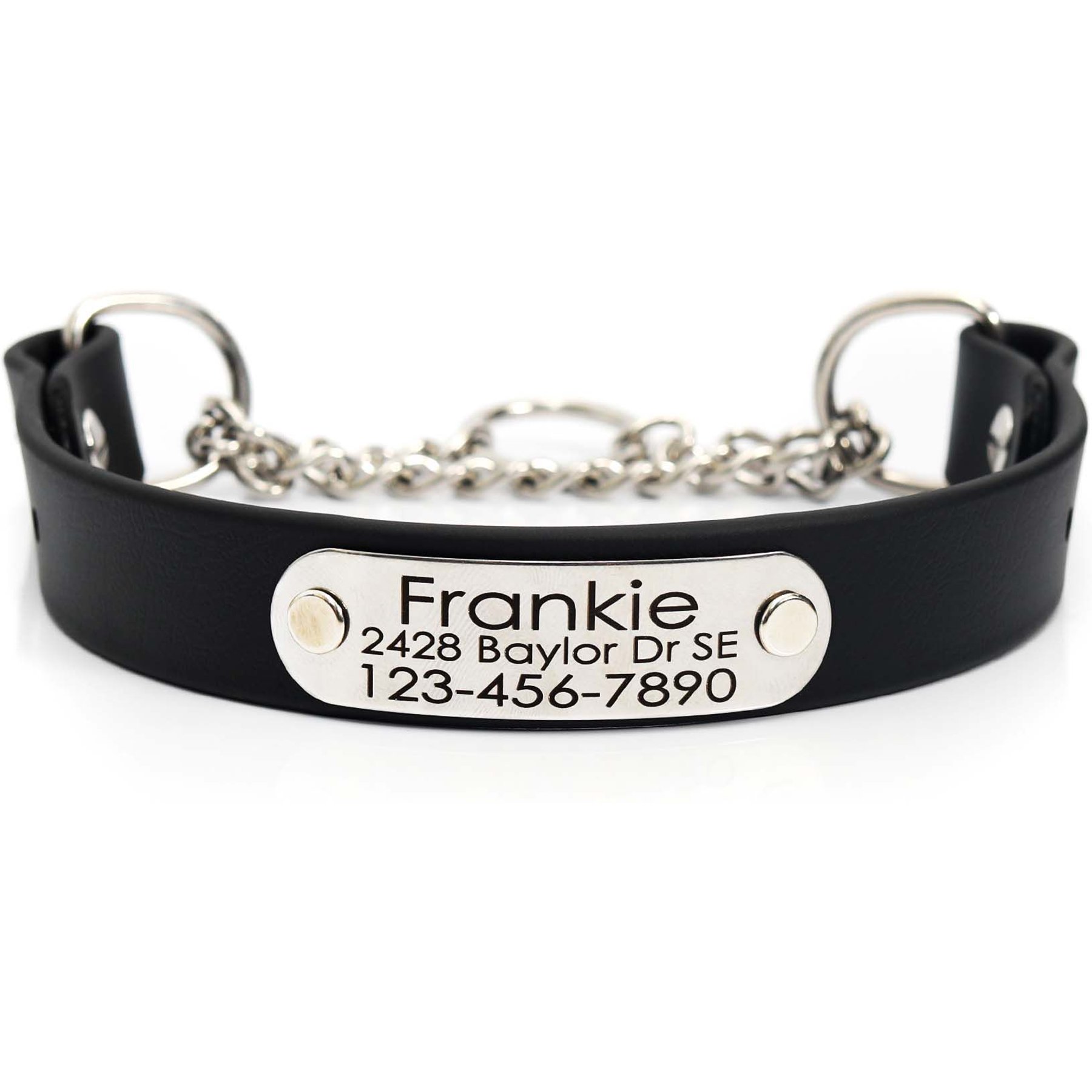 Mimi Green Waterproof Leather Martingale Dog Collar with Personalized ID Tag, Black, Large