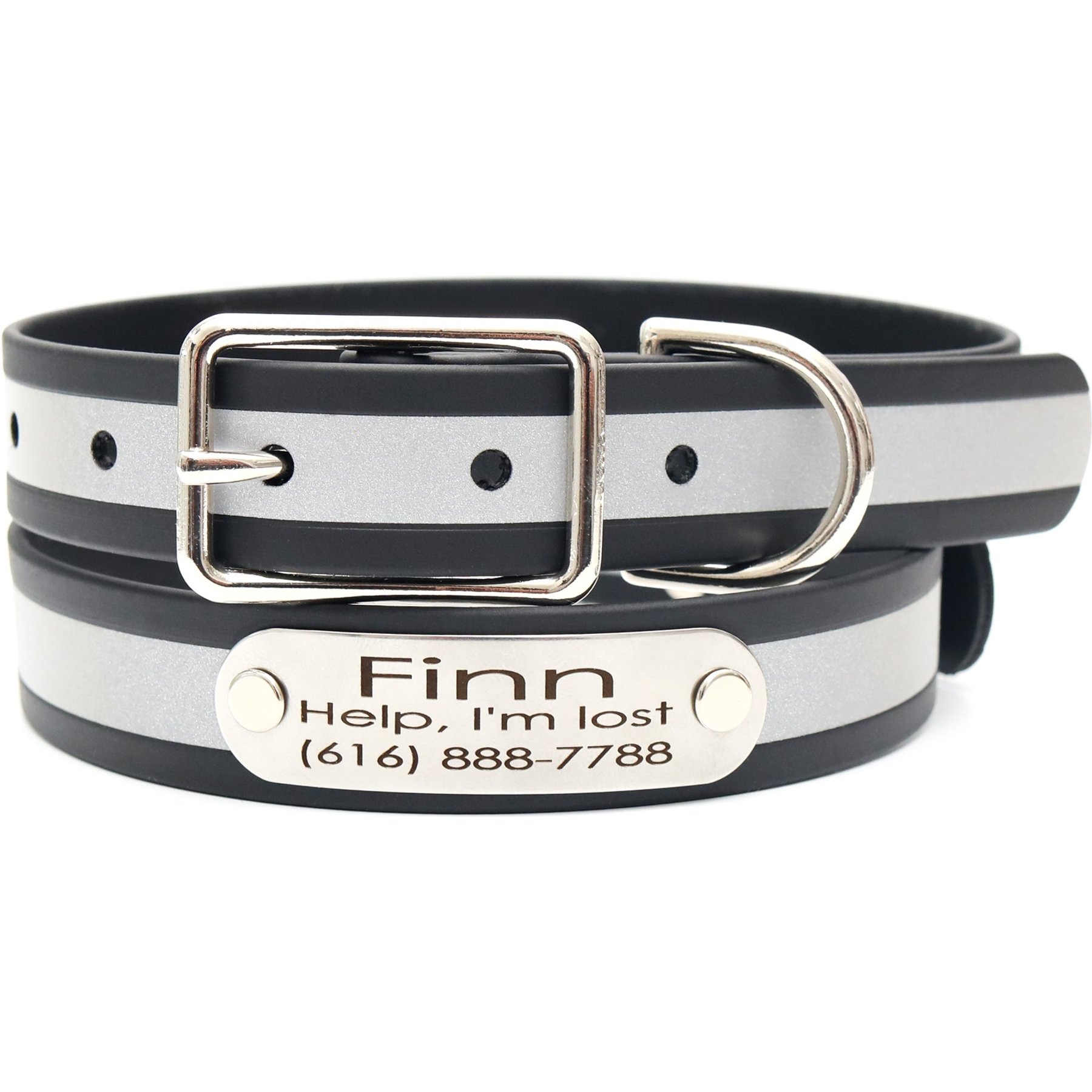 Mimi Green Waterproof Reflective with Riveted Name Plate Dog Collar, Black, Small 3/4"