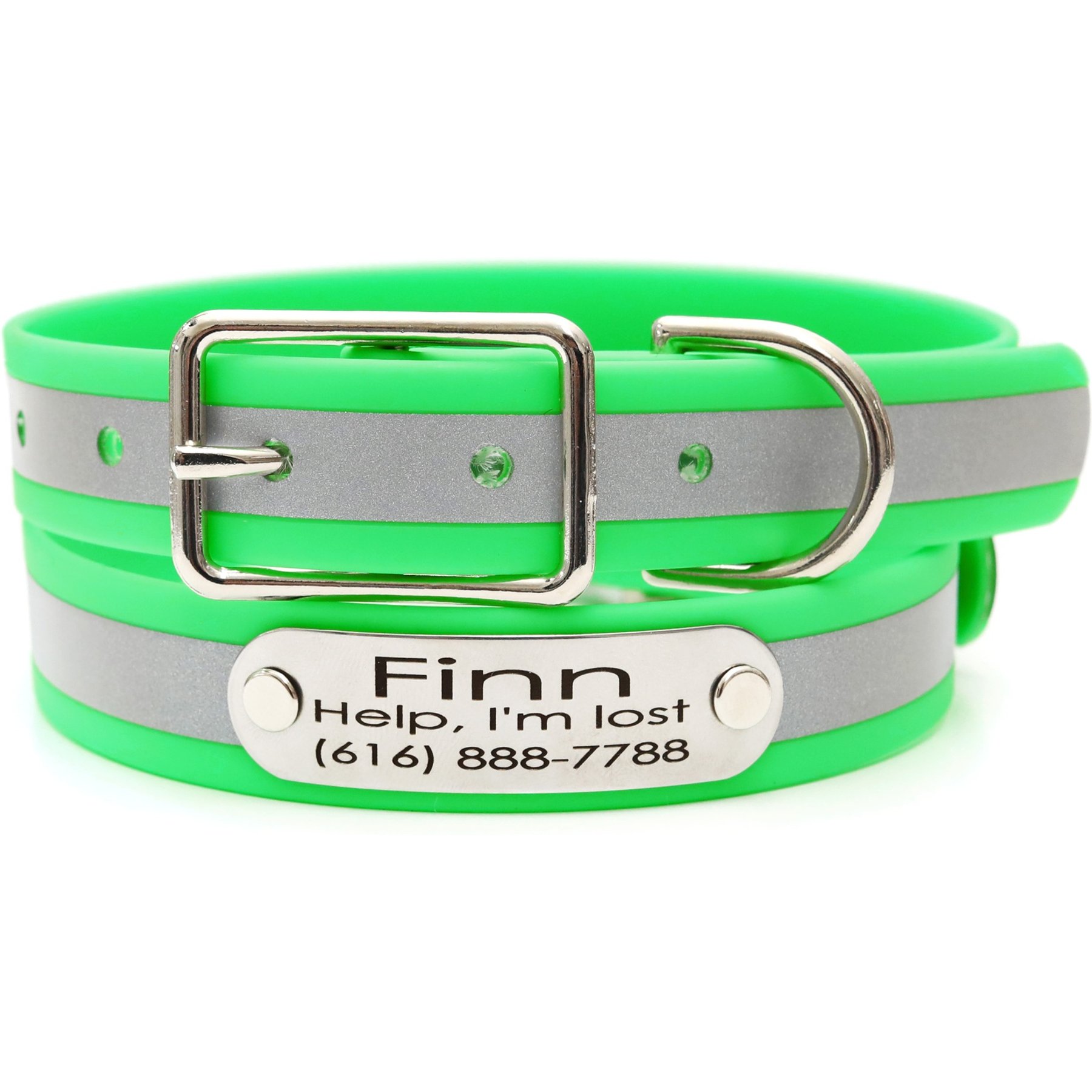 Mimi Green Waterproof Reflective with Riveted Name Plate Dog Collar, Green, Small 3/4"