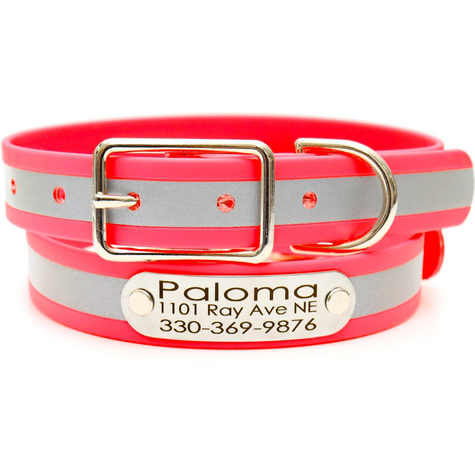 Mimi Green Waterproof Reflective with Riveted Name Plate Dog Collar, Pink, Small 1"