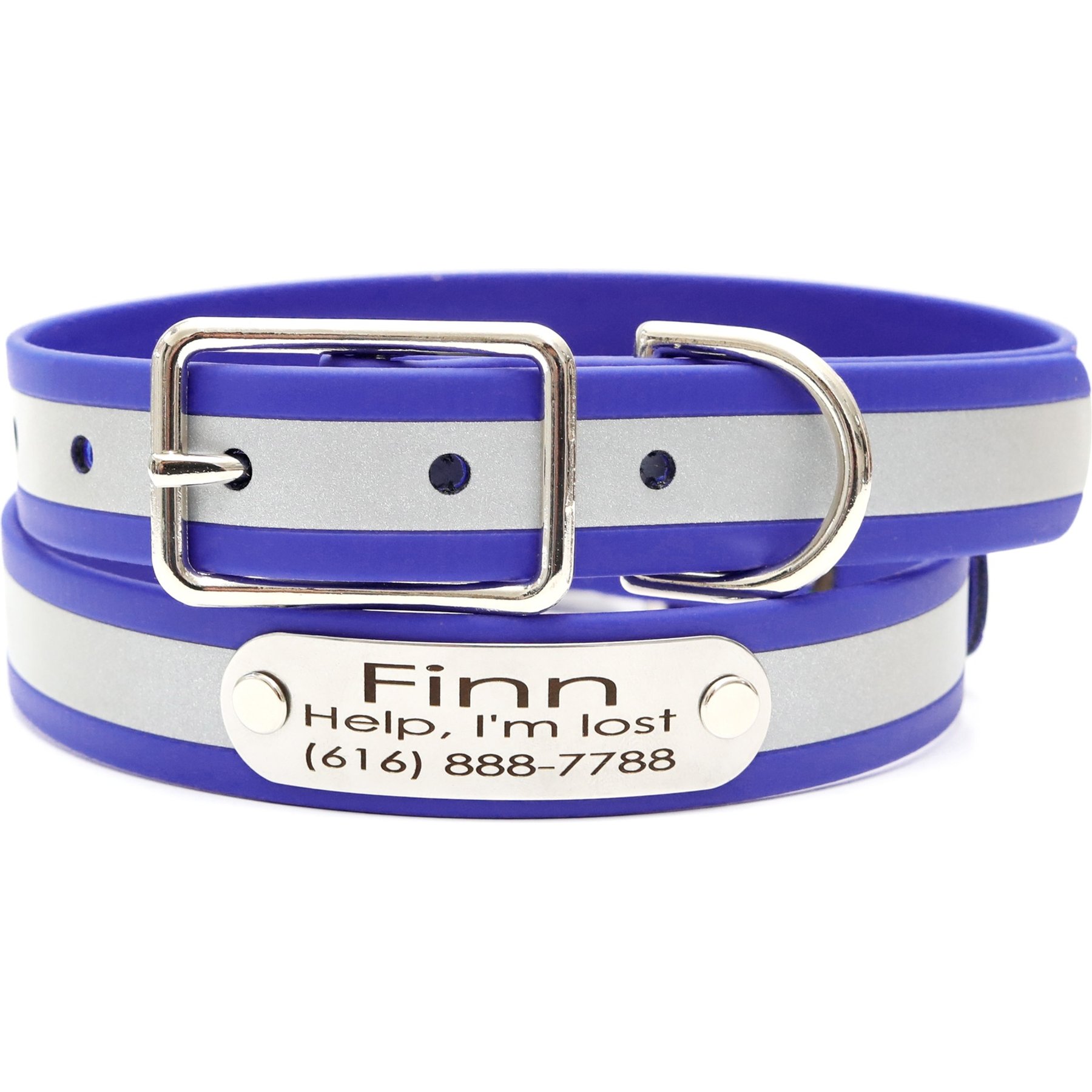 Mimi Green Waterproof Reflective with Riveted Name Plate Dog Collar, Royal Blue, Small 3/4"