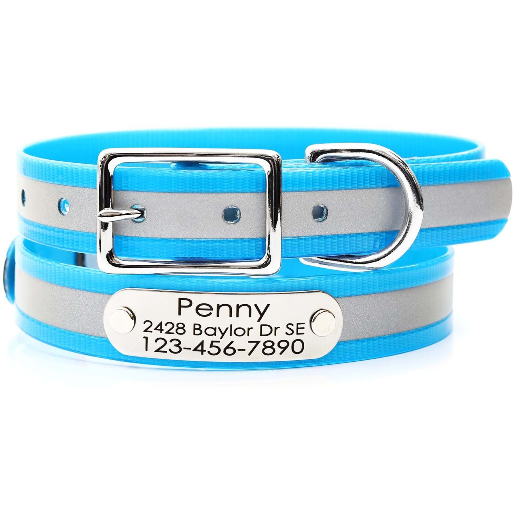 Mimi Green Waterproof Reflective with Riveted Name Plate Dog Collar, Turquoise, Medium 3/4"