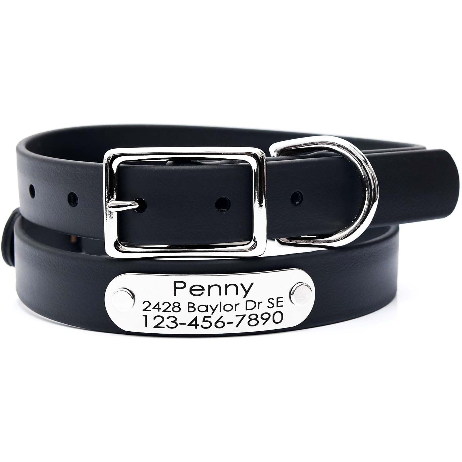 Mimi Green Waterproof with Riveted Name Plate Dog Collar, Black, Medium 5/8"