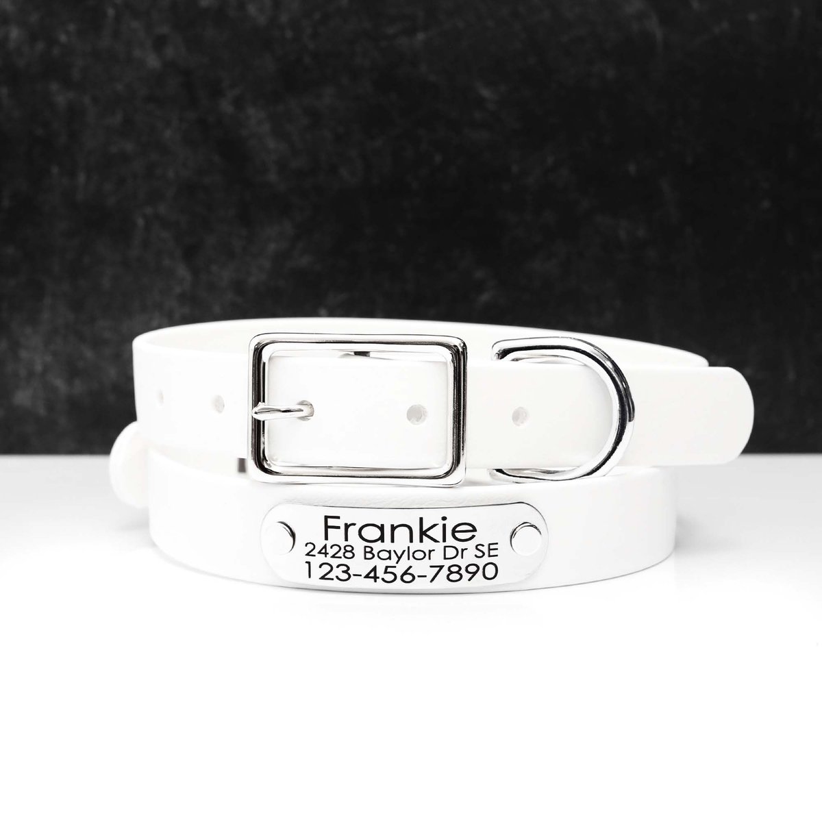 Mimi Green Waterproof with Riveted Name Plate Dog Collar, Blanca, Medium 5/8"