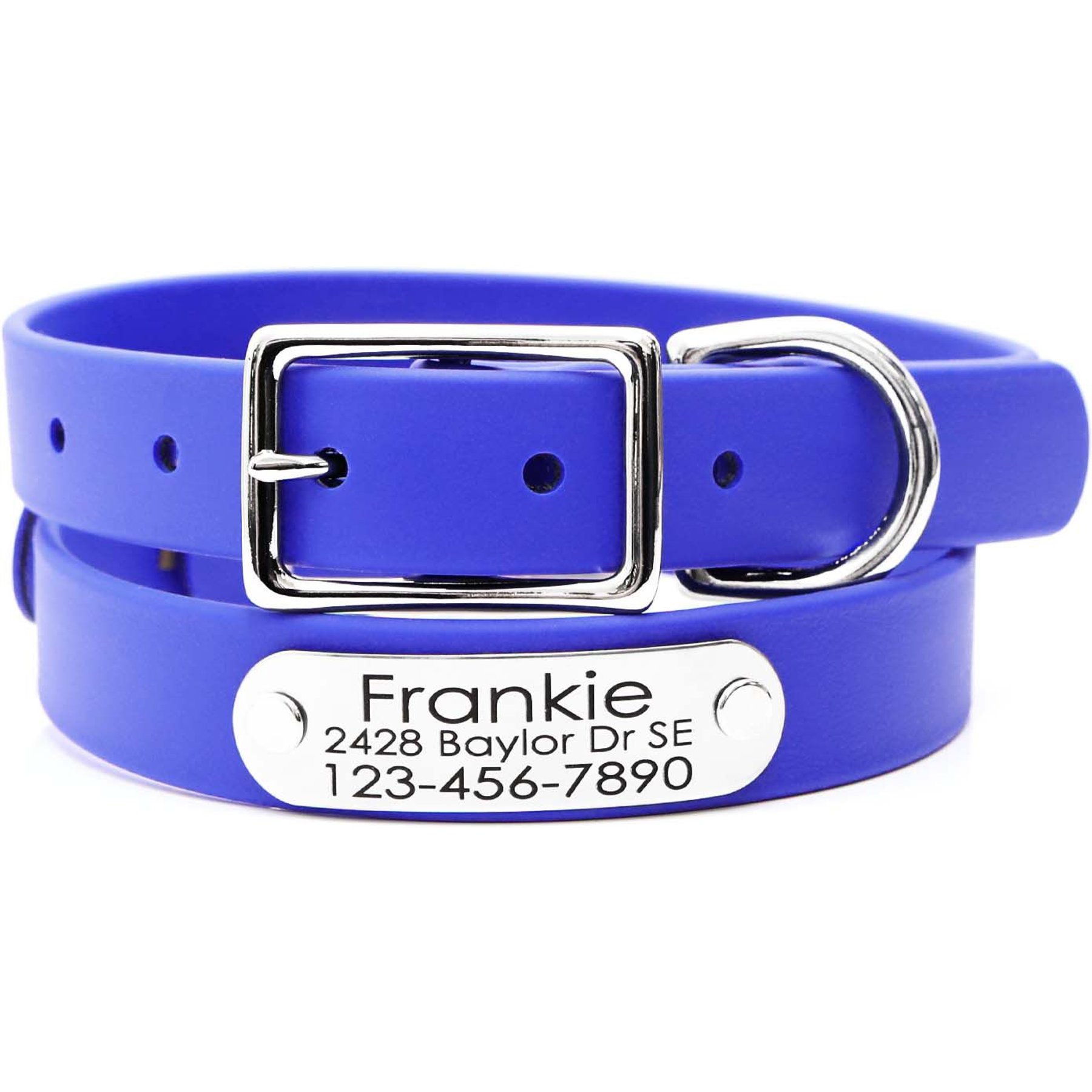 Mimi Green Waterproof with Riveted Name Plate Dog Collar, Cobalt Blue, Medium 1"