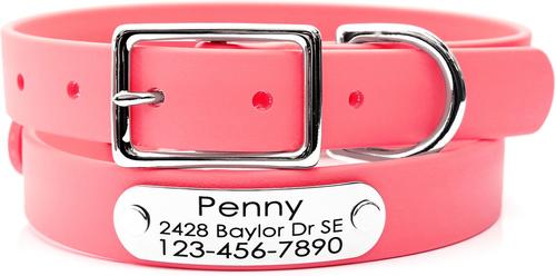 Show full view: Mimi Green Waterproof with Riveted Name Plate Dog Collar, Coral Pink, Medium 1" slide 1 of 5
