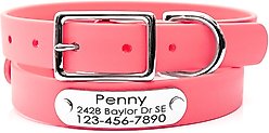 Mimi Green Waterproof with Riveted Name Plate Dog Collar, Coral Pink, Small 1"