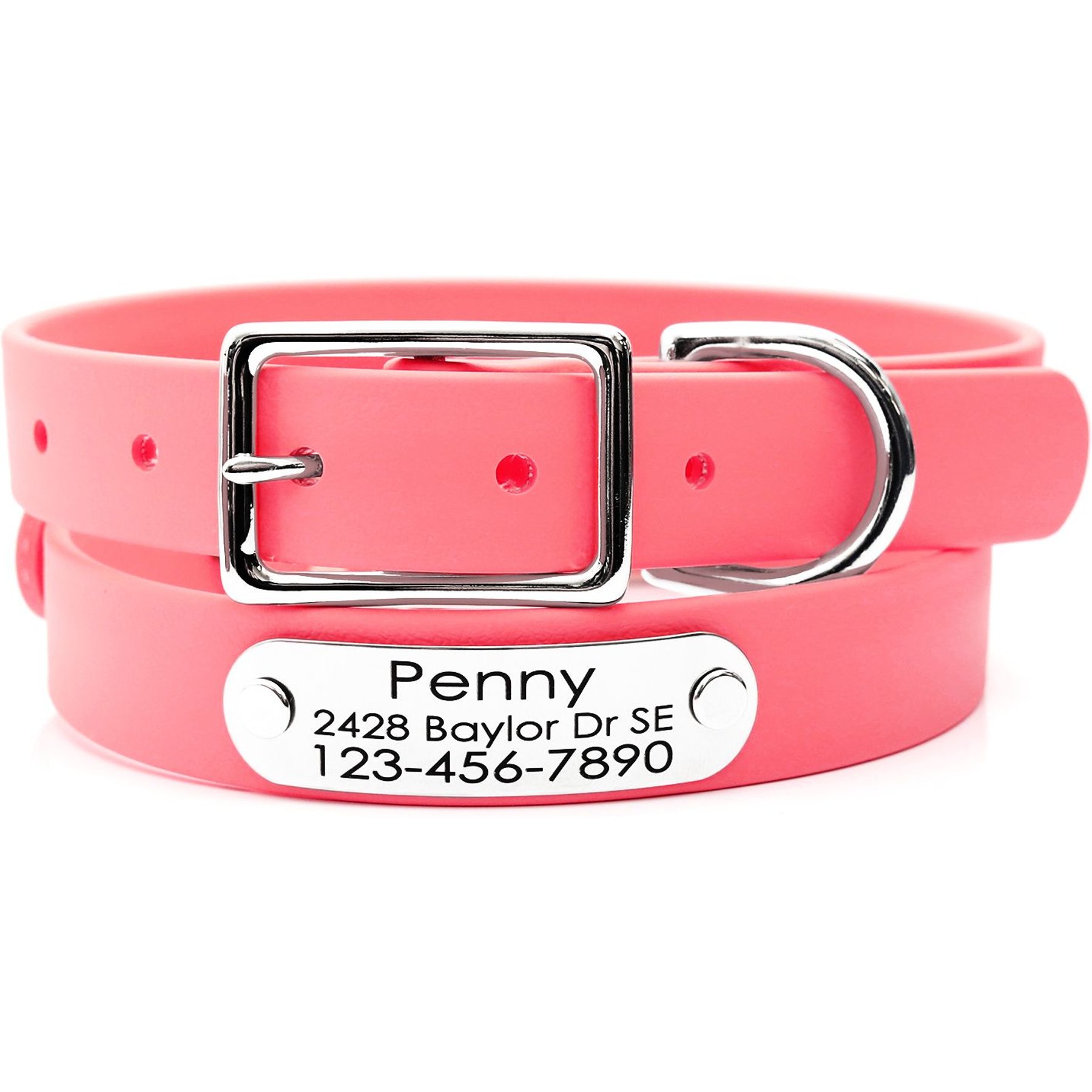 Mimi Green Waterproof with Riveted Name Plate Dog Collar, Coral Pink, Small 3/4"