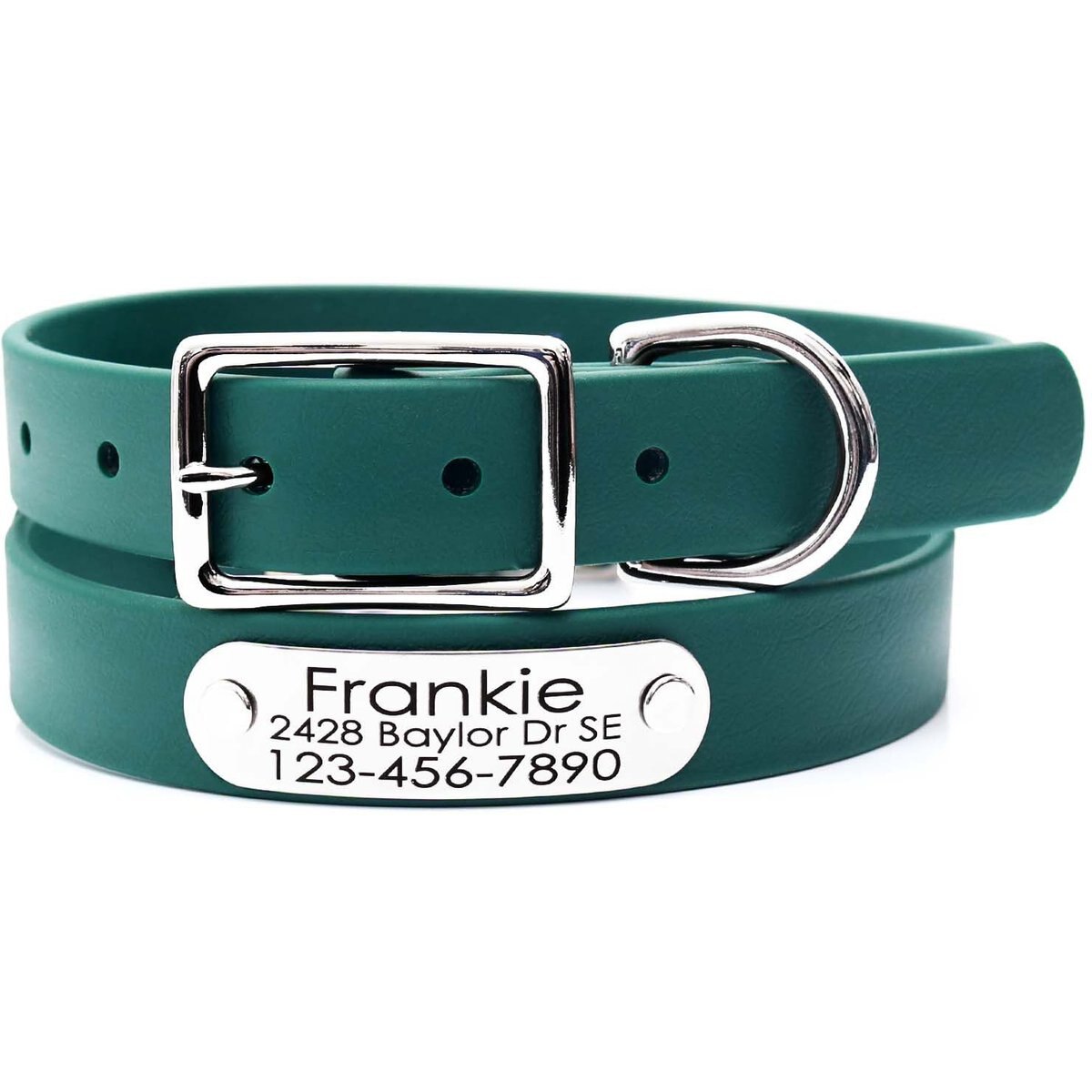 Mimi Green Waterproof with Riveted Name Plate Dog Collar, Forest Green, Small 1"