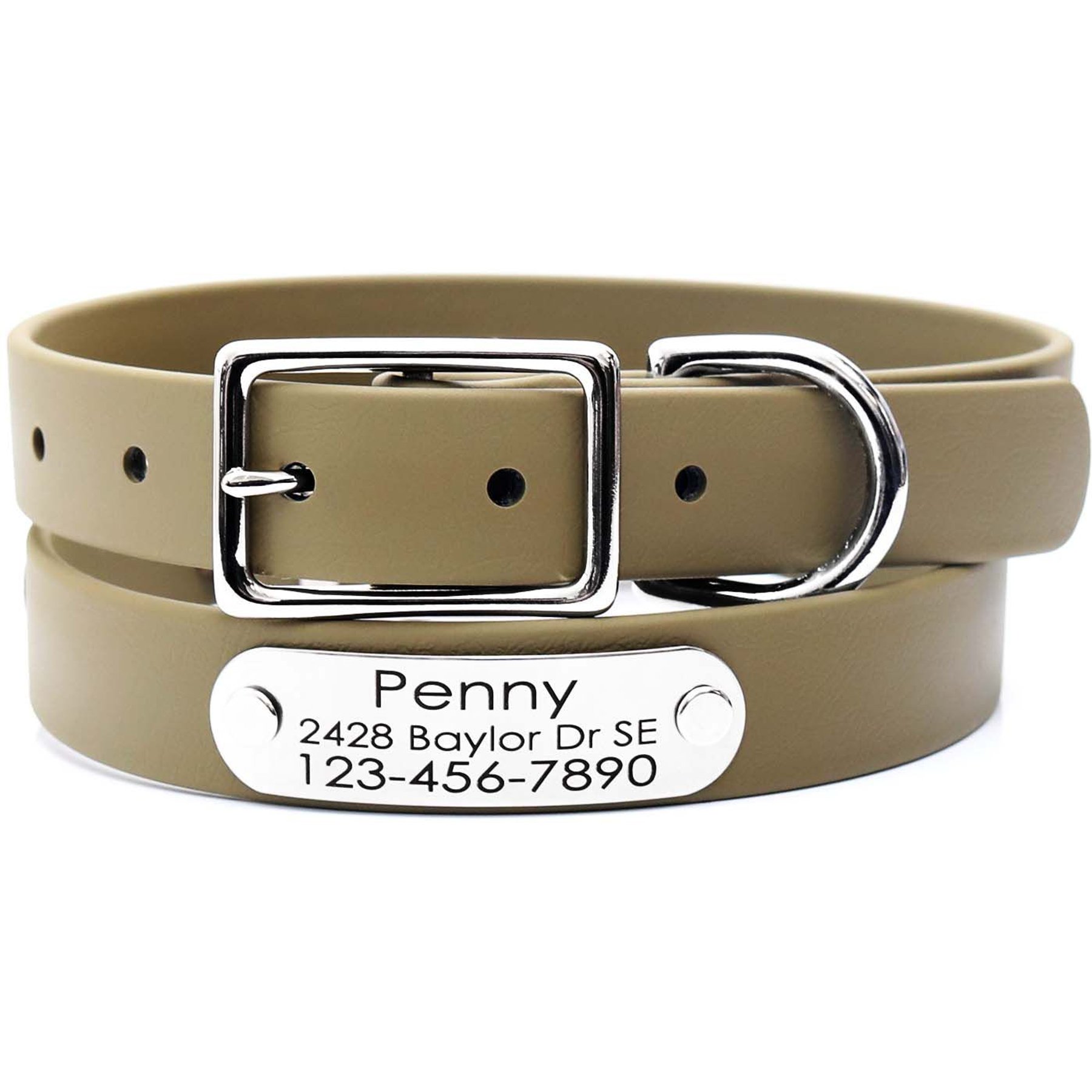 Mimi Green Waterproof with Riveted Name Plate Dog Collar, Olive, Medium 1"