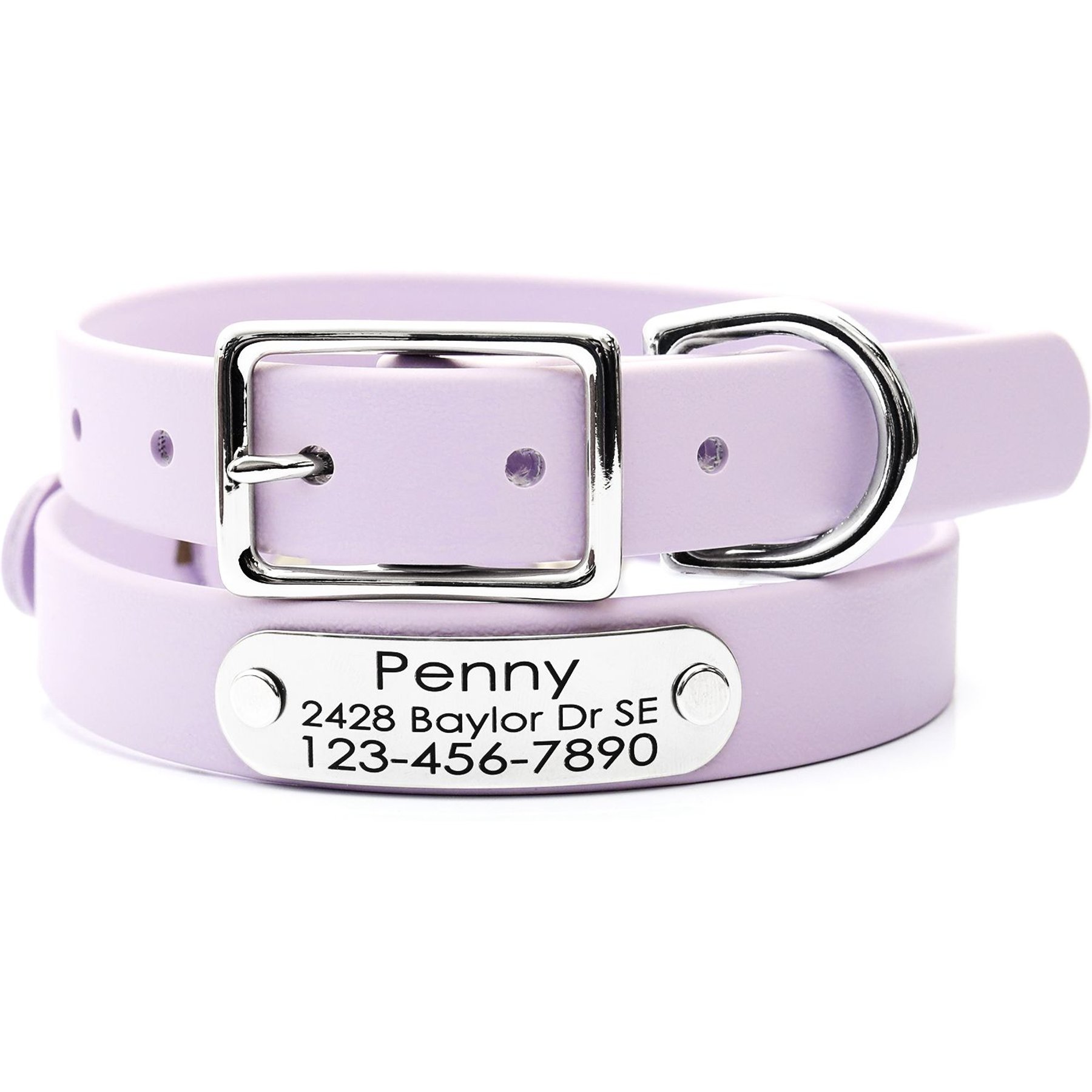 Mimi Green Waterproof with Riveted Name Plate Dog Collar, Pastel Purple, Medium 5/8"