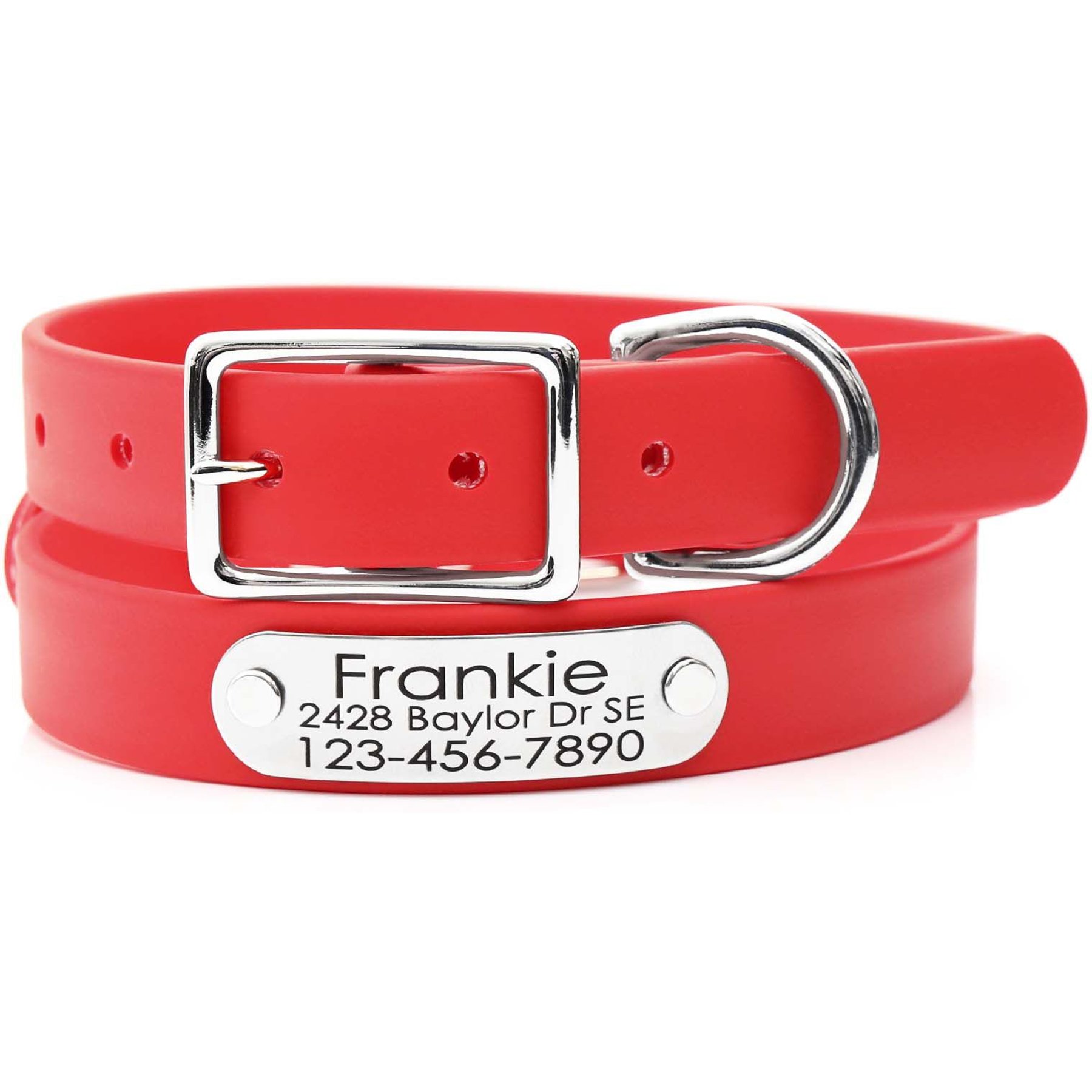 Mimi Green Waterproof with Riveted Name Plate Dog Collar, Red, Small 5/8"