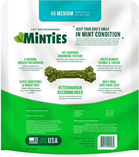 Minties Medium Mint Flavored Dental Treats for Dogs, 25-50 lbs