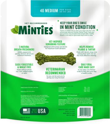 Show full view: Minties Medium Mint Flavored Dental Treats for Dogs, 25-50 lbs, 32-oz, 40 count slide 10 of 12