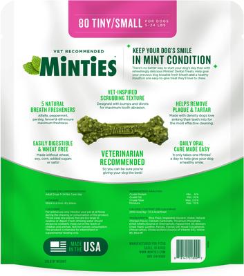 Show full view: Minties Tiny/Small Mint Flavored Dental Treats for Dogs, 5-24 lbs, 32-oz, 80 count slide 10 of 12