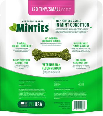 Show full view: Minties Tiny/Small Mint Flavored Dental Treats for Dogs, 5-24 lbs, 48-oz, 120 count slide 10 of 12
