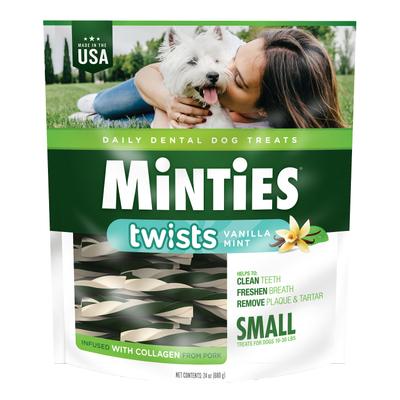Show full view: Minties Twists Small Vanilla Mint Dental Dog Treats, 24-oz bag, count Varies slide 1 of 8