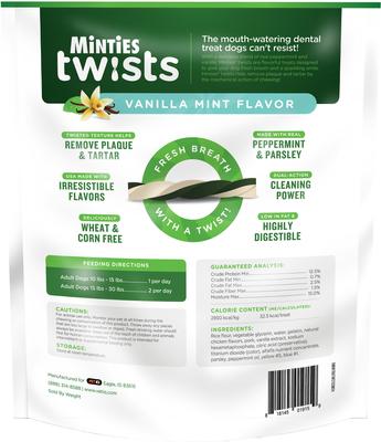 Show full view: Minties Twists Small Vanilla Mint Dental Dog Treats, 24-oz bag, count Varies slide 3 of 8
