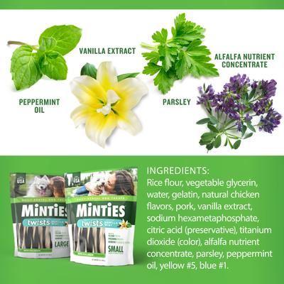 Show full view: Minties Twists Small Vanilla Mint Dental Dog Treats, 24-oz bag, count Varies slide 6 of 8