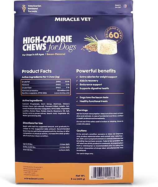 Show full view: Miracle Vet High Calorie Weight Gain Chews 3-in-1 Soft Chew Supplement for Dogs, 8-oz bag slide 6 of 9
