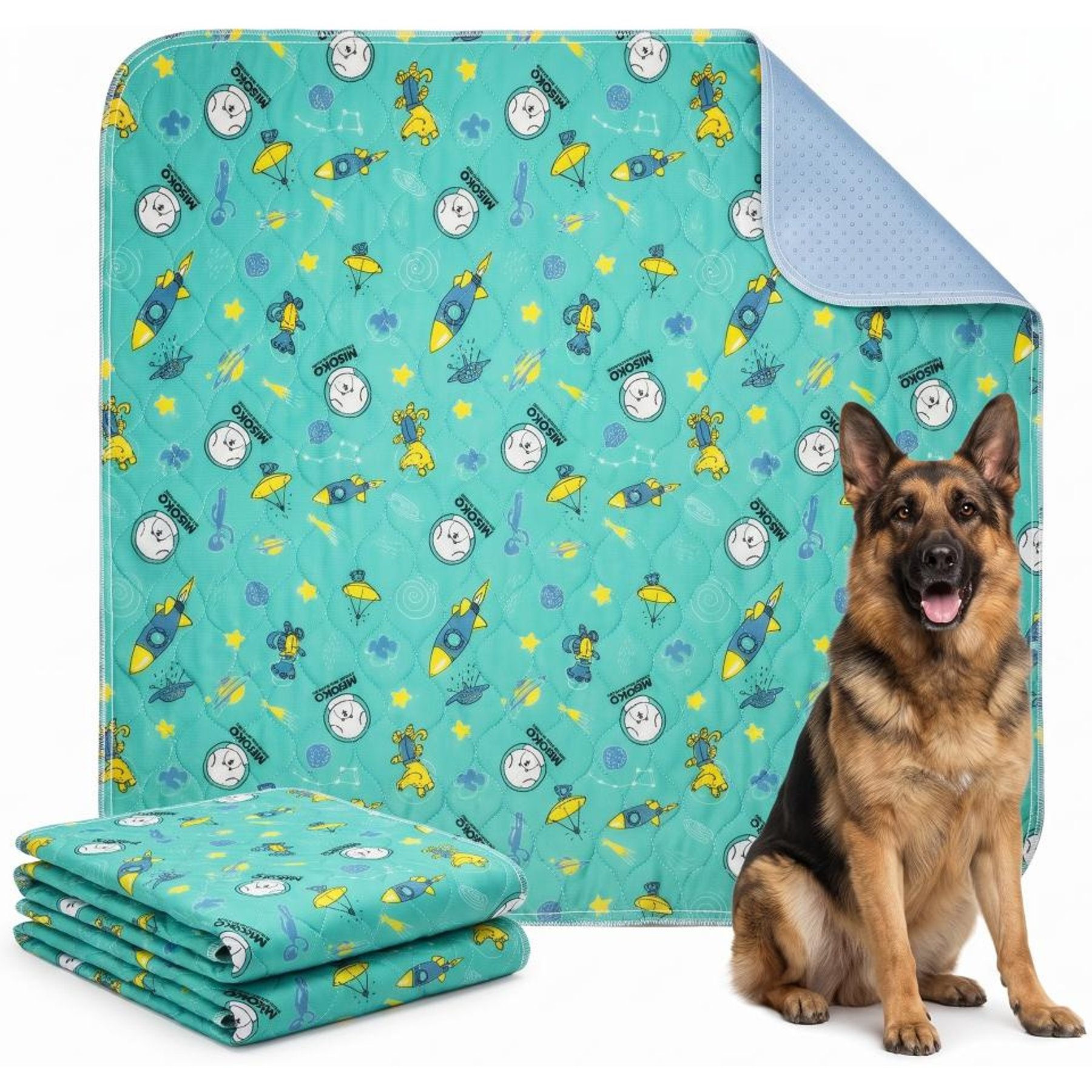 MISOKO Reusable & Washable Dog Pee Pads with Rockets, Green, 2 count, 48 x 48-in