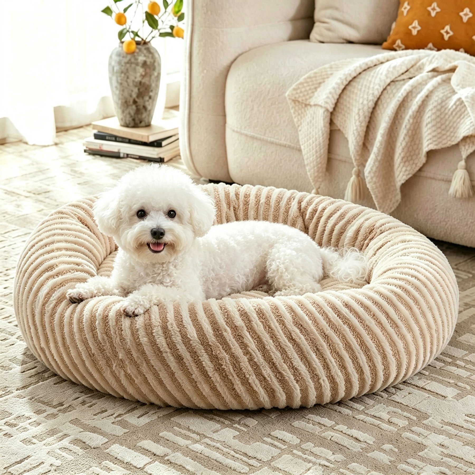 MIXJOY Calming Donut Cuddler Dog & Cat Bed with a comfortable Plush Rabbit-fur Removable Cover, Brown, Large