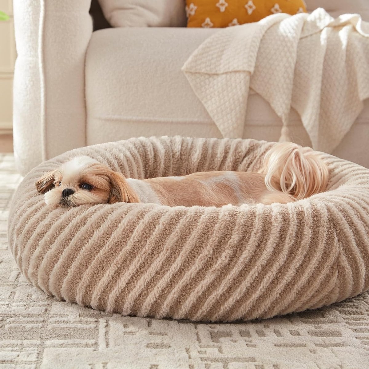 MIXJOY Calming Donut Cuddler Dog & Cat Bed with a comfortable Plush Rabbit-fur Removable Cover, Brown, Small