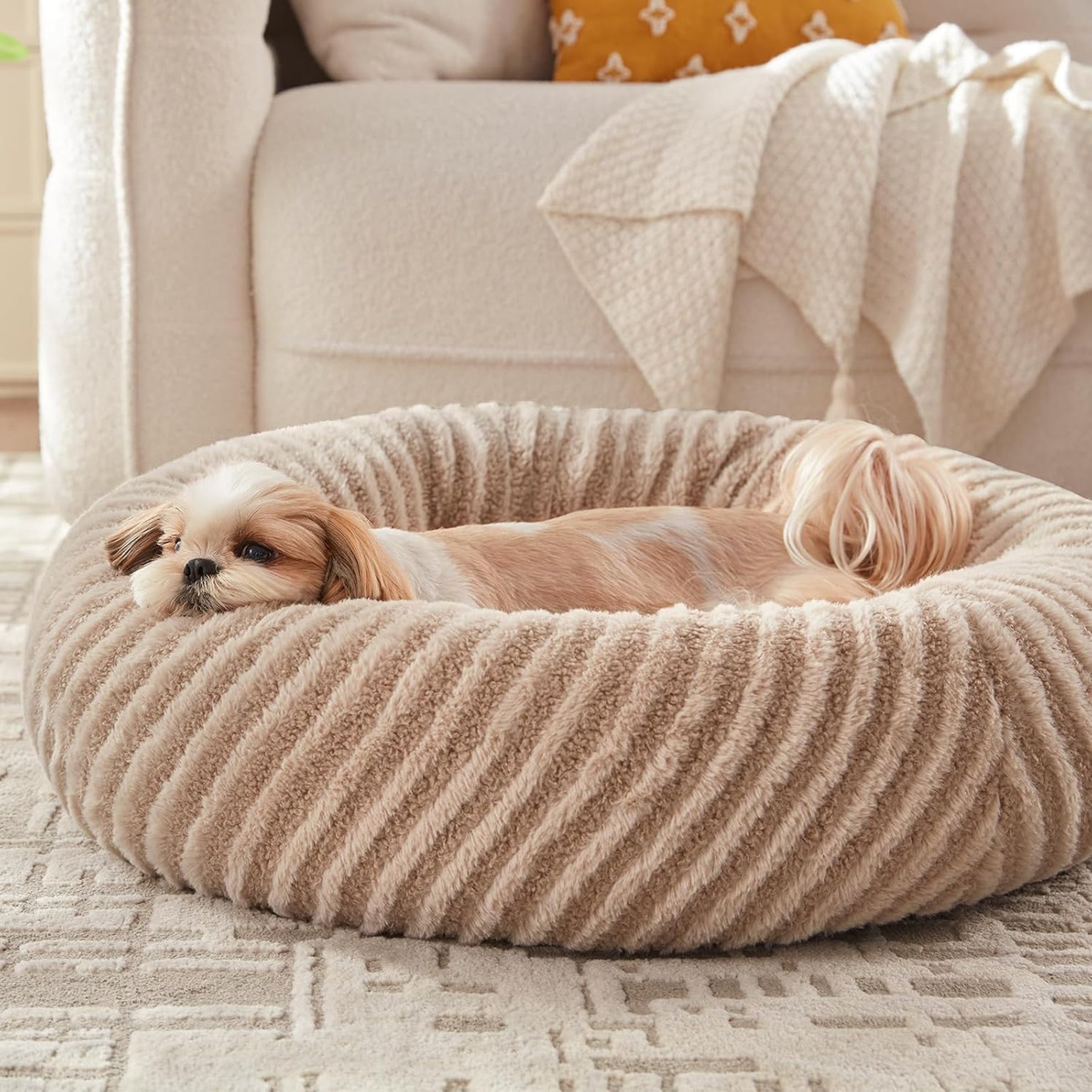 MIXJOY Calming Donut Cuddler Dog & Cat Bed with a comfortable Plush Rabbit-fur Removable Cover, Brown, Small