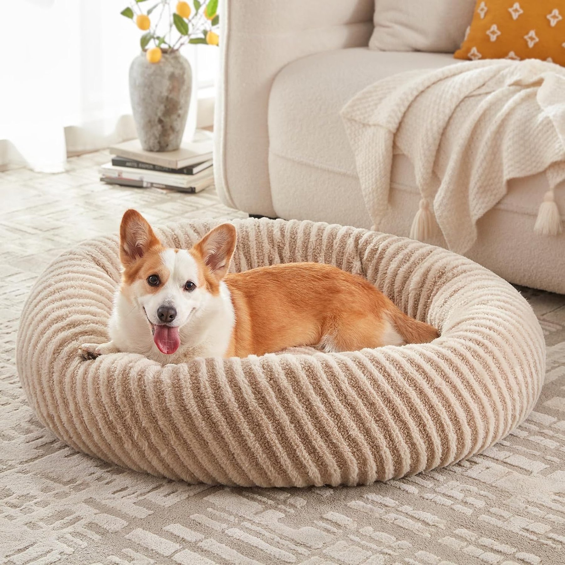 MIXJOY Calming Donut Cuddler Dog & Cat Bed with a comfortable Plush Rabbit-fur Removable Cover, Brown, X-Large