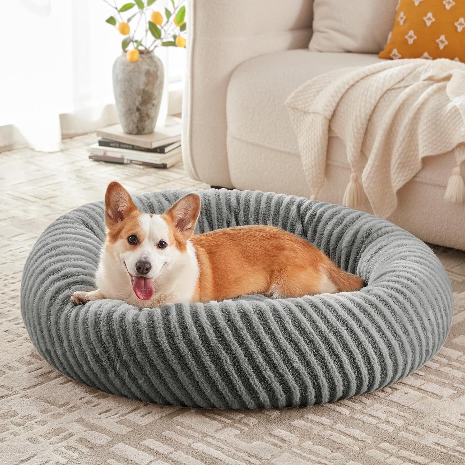 MIXJOY Calming Donut Cuddler Dog & Cat Bed with a comfortable Plush Rabbit-fur Removable Cover, Light Gray, X-Large