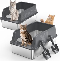 MIXJOY High-Sided Open-Top Stainless Steel Cat Litter Box with Scoop, X-Large, 2 count, Dark Grey