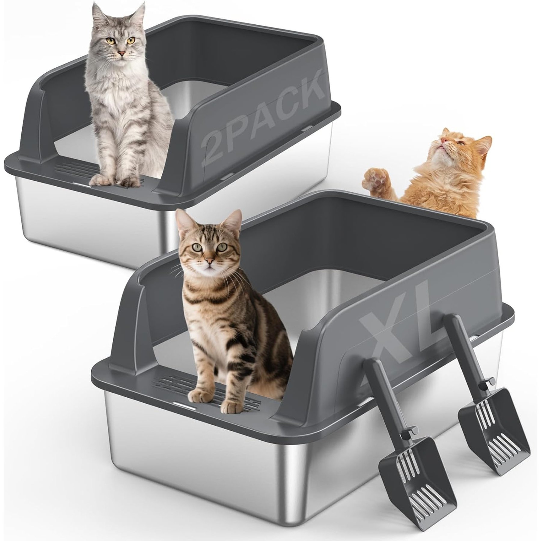 MIXJOY High-Sided Open-Top Stainless Steel Cat Litter Box with Scoop, X-Large, 2 count, Dark Grey
