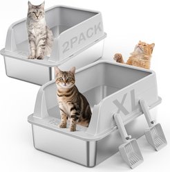MIXJOY High-Sided Open-Top Stainless Steel Cat Litter Box with Scoop, X-Large, 2 count, Silver Grey