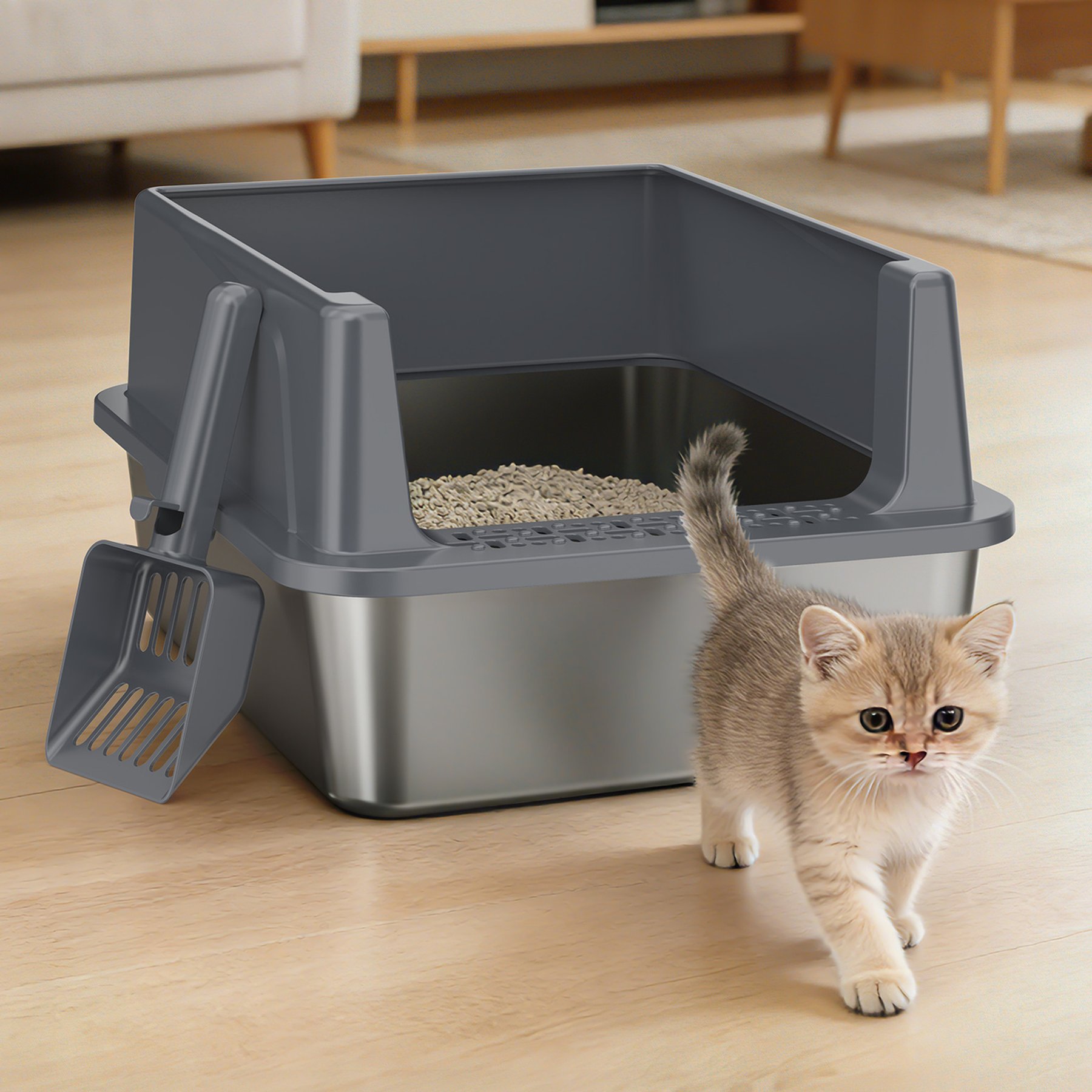 MIXJOY High-Sided Stainless Steel Cat Litter Box, Dark Grey