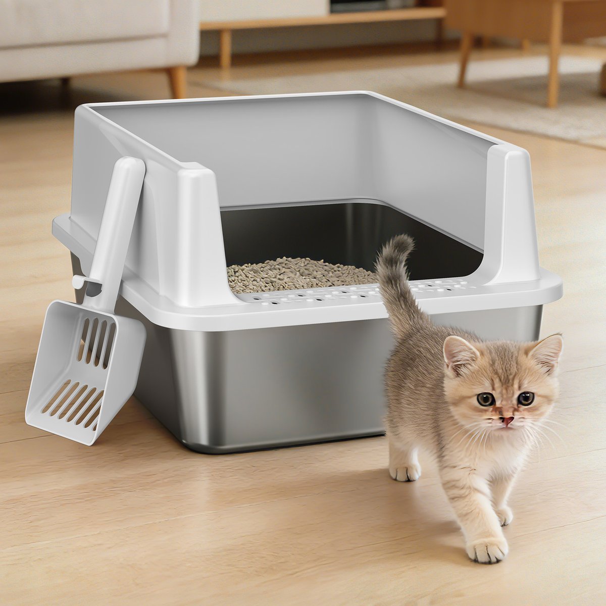 MIXJOY High-Sided Stainless Steel Cat Litter Box, Silver Grey