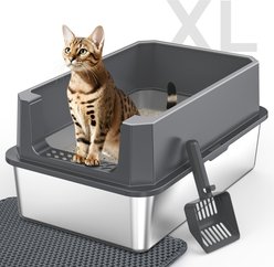 MIXJOY Open-Top Stainless Steel Cat Litter Box with Litter Mat & Scoop, Dark Grey