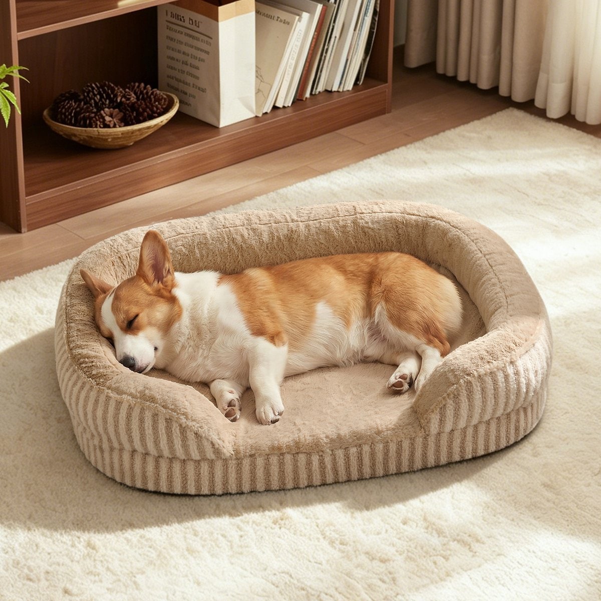 MIXJOY Orthopedic Bolster Non-Slip Oval Dog Sofa Bed with Removable Rabbit-Fur Cover, Brown, 35-in