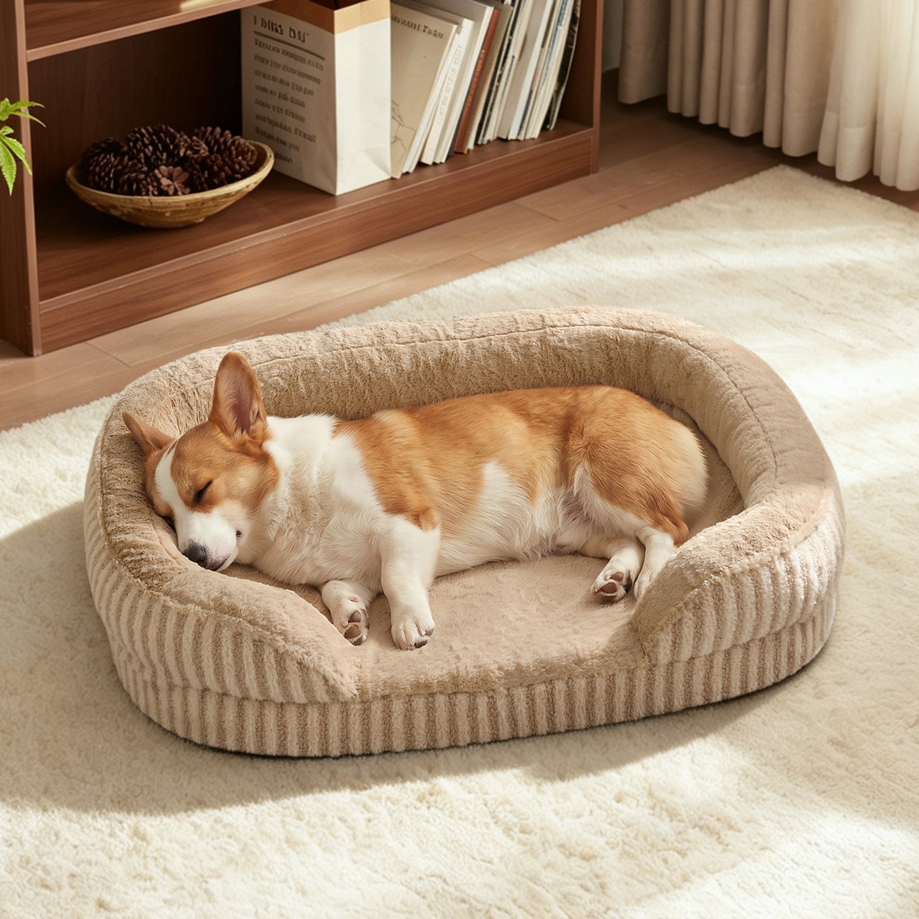 MIXJOY Orthopedic Bolster Non-Slip Oval Dog Sofa Bed with Removable Rabbit-Fur Cover, Brown, Large
